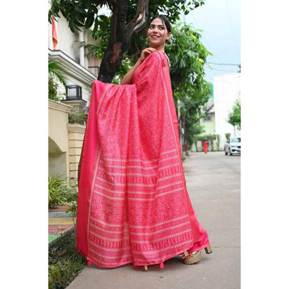 Isadora Life Womens Printed Tassels Pink Pre-Draped Saree with Unstitched Blouse