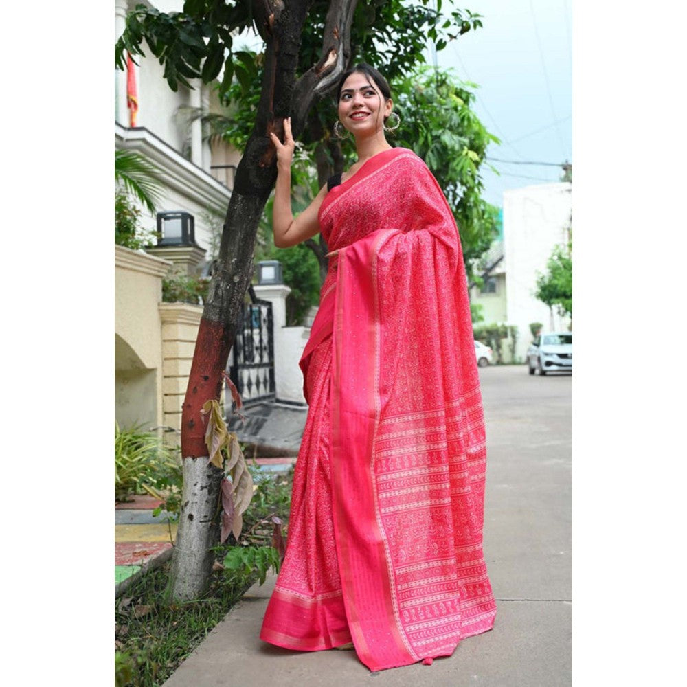 Isadora Life Womens Printed Tassels Pink Pre-Draped Saree with Unstitched Blouse