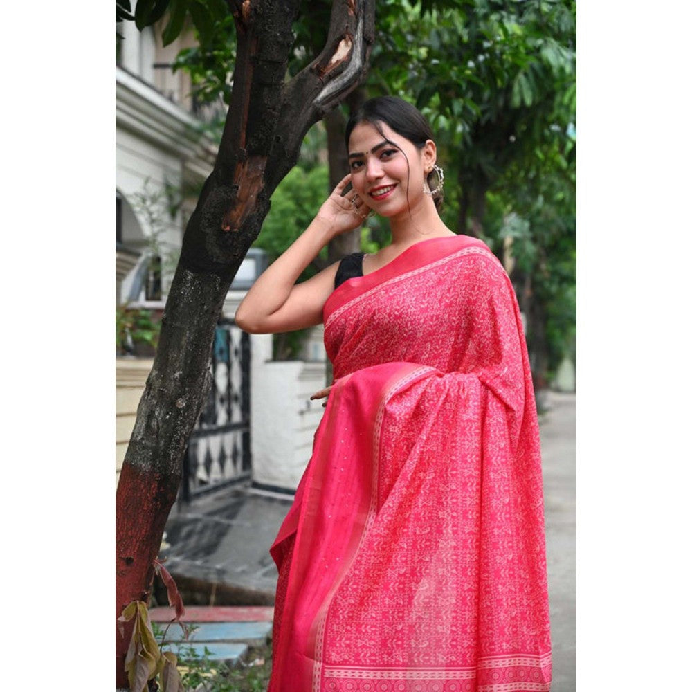 Isadora Life Womens Printed Tassels Pink Pre-Draped Saree with Unstitched Blouse