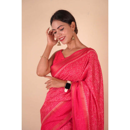 Isadora Life Womens Printed Tassels Pink Pre-Draped Saree with Unstitched Blouse