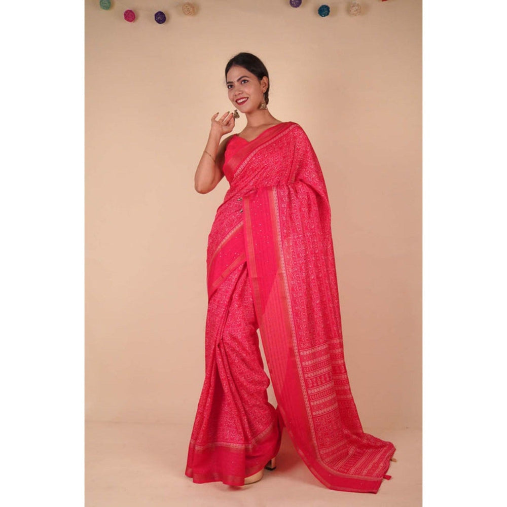 Isadora Life Womens Printed Tassels Pink Pre-Draped Saree with Unstitched Blouse