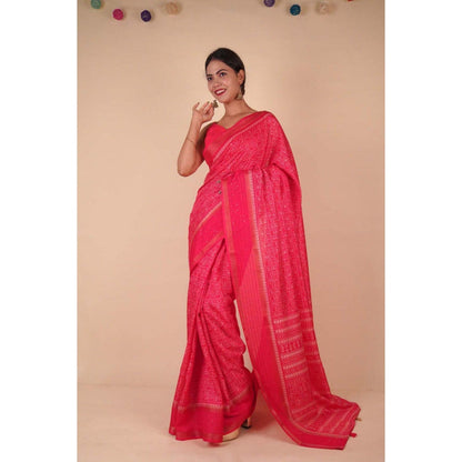 Isadora Life Womens Printed Tassels Pink Pre-Draped Saree with Unstitched Blouse