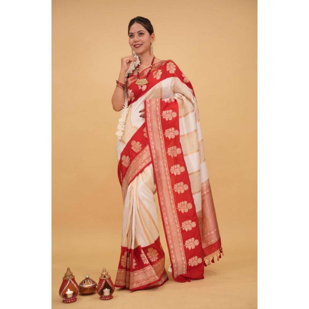 Isadora Life Womens Woven Tassels Off White Pre-Draped Saree with Unstitched Blouse