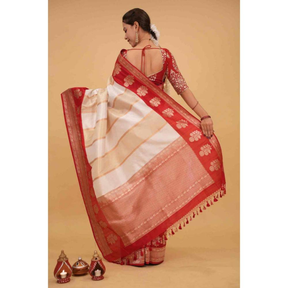 Isadora Life Womens Woven Tassels Off White Pre-Draped Saree with Unstitched Blouse
