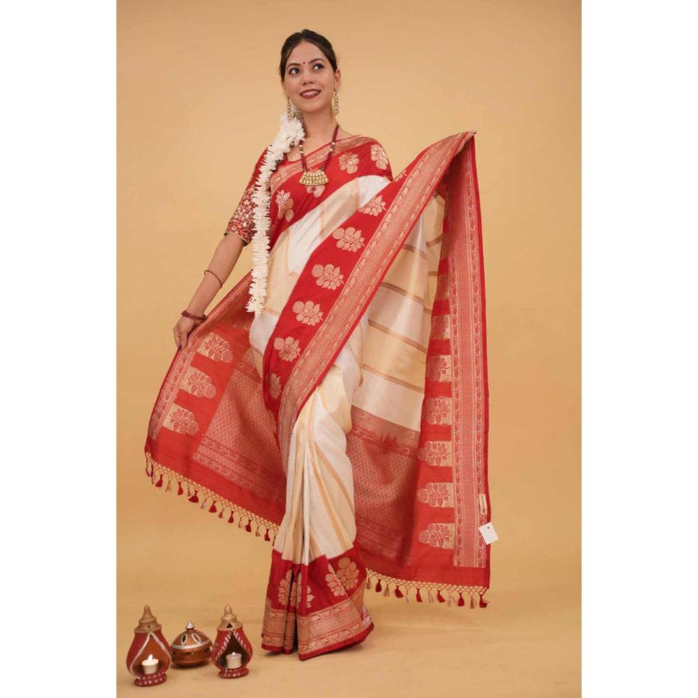 Isadora Life Womens Woven Tassels Off White Pre-Draped Saree with Unstitched Blouse