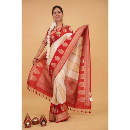 Isadora Life Womens Woven Tassels Off White Pre-Draped Saree with Unstitched Blouse
