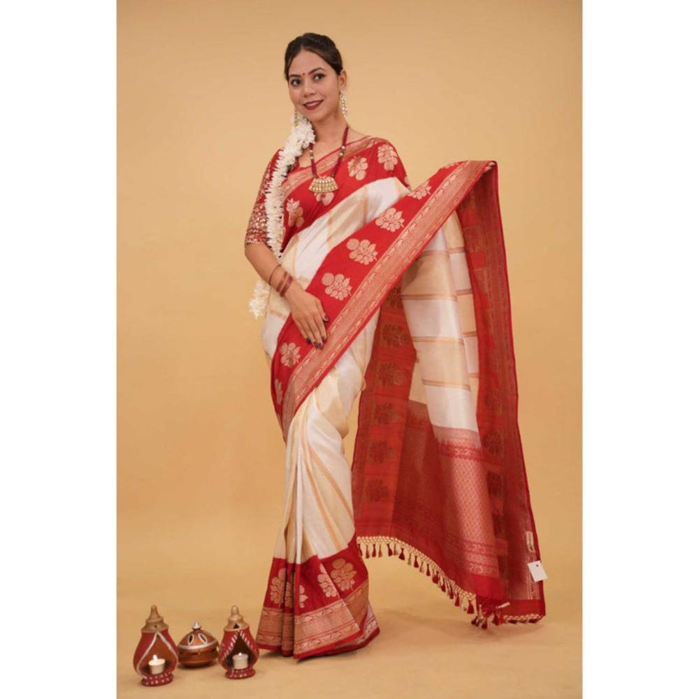 Isadora Life Womens Woven Tassels Off White Pre-Draped Saree with Unstitched Blouse