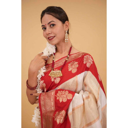 Isadora Life Womens Woven Tassels Off White Pre-Draped Saree with Unstitched Blouse