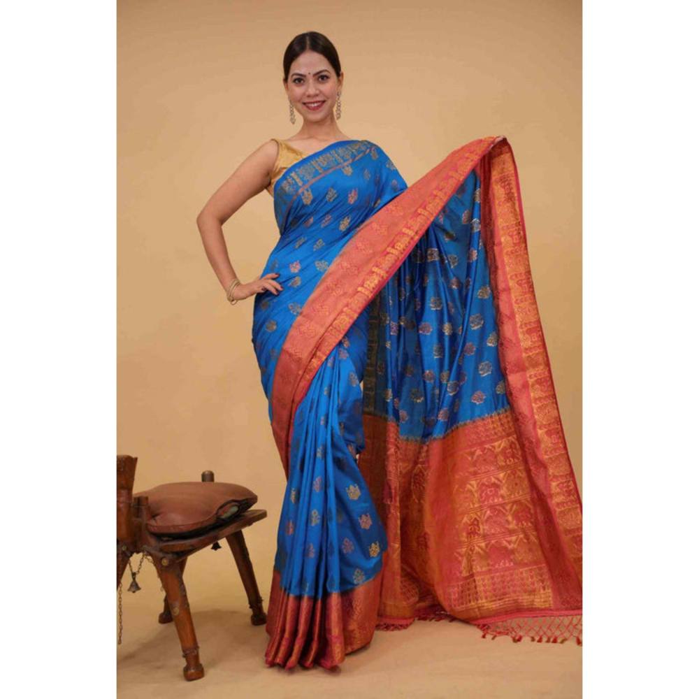 Isadora Life Womens Woven Tassels Blue Pre-Draped Saree with Unstitched Blouse