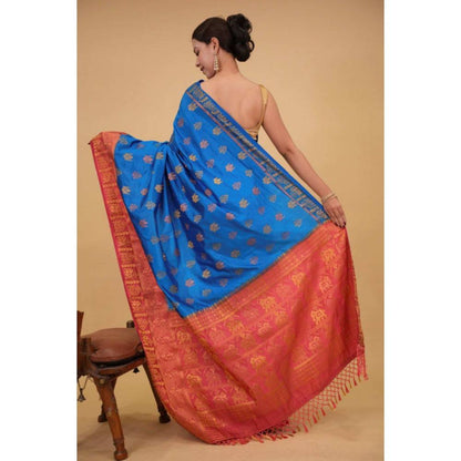 Isadora Life Womens Woven Tassels Blue Pre-Draped Saree with Unstitched Blouse