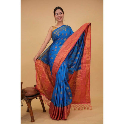 Isadora Life Womens Woven Tassels Blue Pre-Draped Saree with Unstitched Blouse
