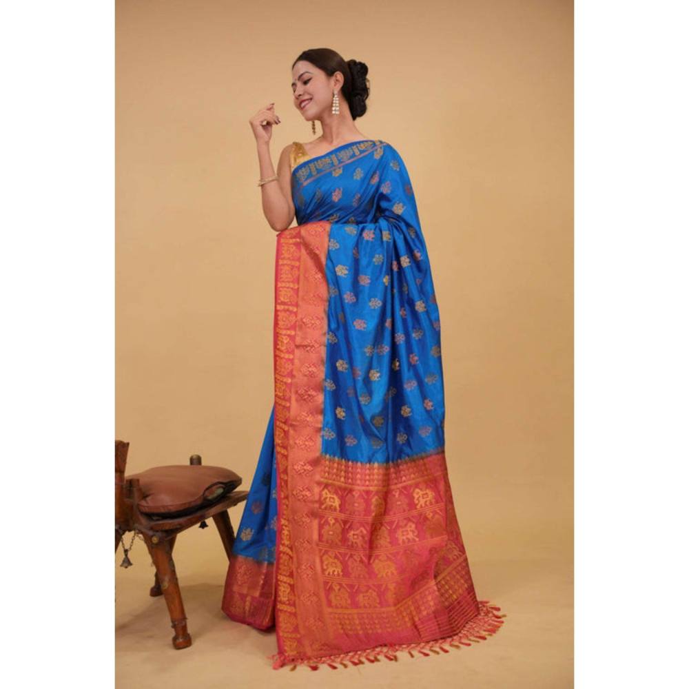 Isadora Life Womens Woven Tassels Blue Pre-Draped Saree with Unstitched Blouse