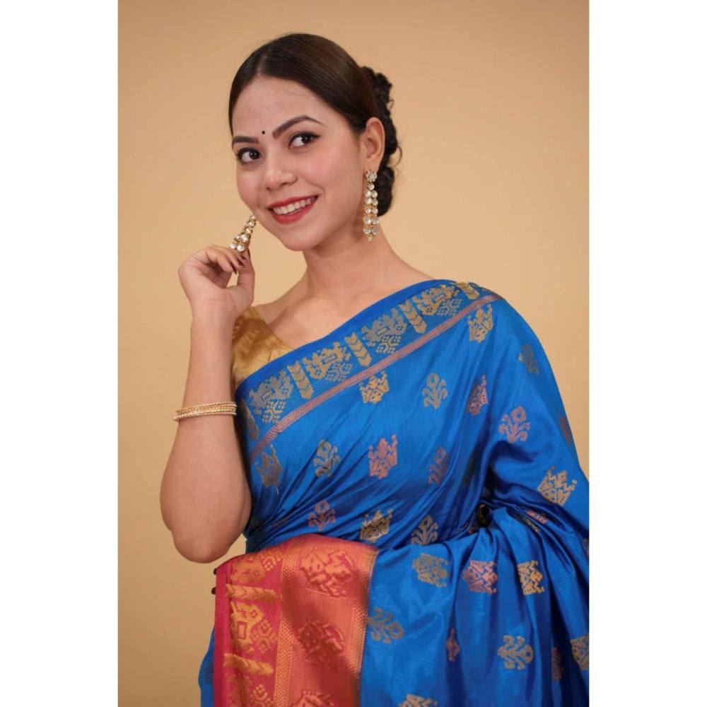Isadora Life Womens Woven Tassels Blue Pre-Draped Saree with Unstitched Blouse