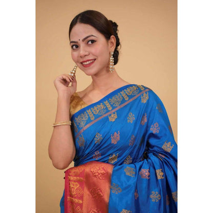 Isadora Life Womens Woven Tassels Blue Pre-Draped Saree with Unstitched Blouse