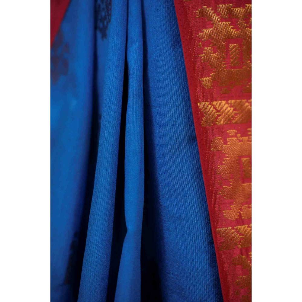 Isadora Life Womens Woven Tassels Blue Pre-Draped Saree with Unstitched Blouse