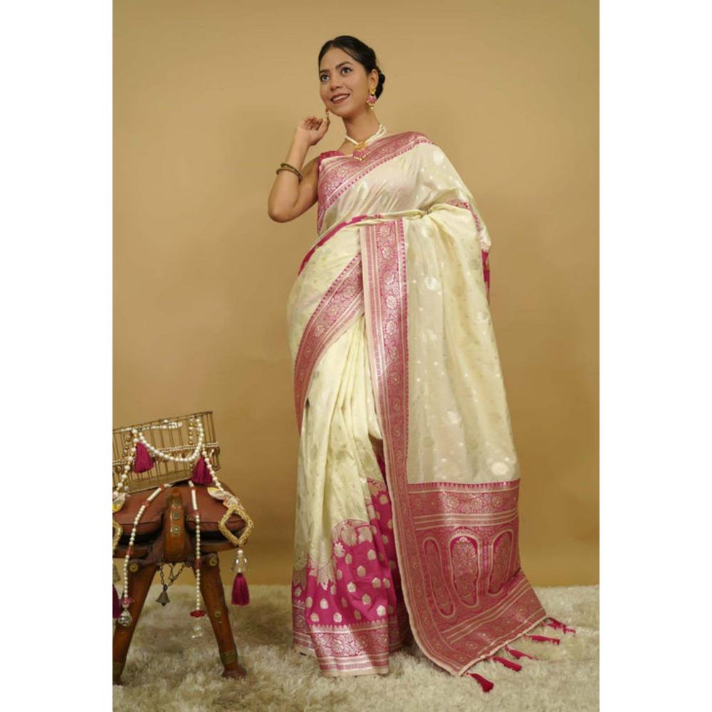 Isadora Life Womens Woven Zari Cream Pre-Draped Saree with Unstitched Blouse