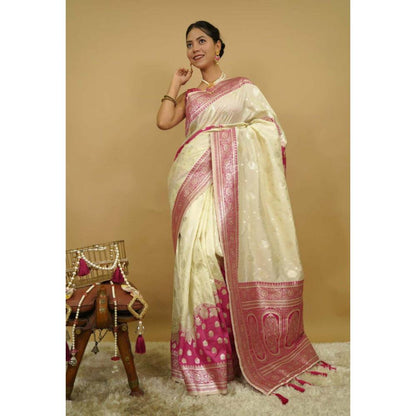 Isadora Life Womens Woven Zari Cream Pre-Draped Saree with Unstitched Blouse
