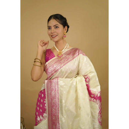 Isadora Life Womens Woven Zari Cream Pre-Draped Saree with Unstitched Blouse