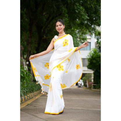 Isadora Life Womens Floral Printed White Pre-Draped Saree with Unstitched Blouse