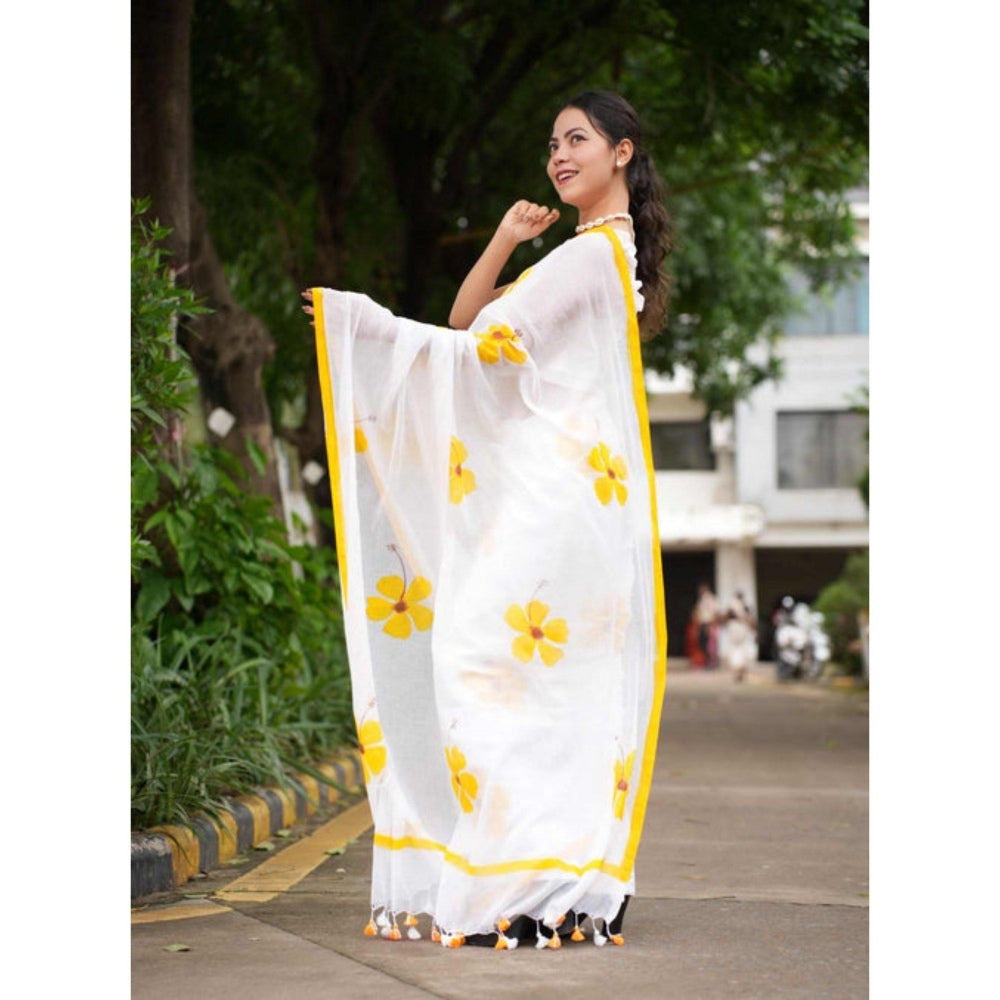 Isadora Life Womens Floral Printed White Pre-Draped Saree with Unstitched Blouse