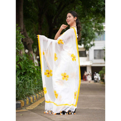 Isadora Life Womens Floral Printed White Pre-Draped Saree with Unstitched Blouse