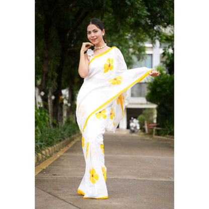 Isadora Life Womens Floral Printed White Pre-Draped Saree with Unstitched Blouse