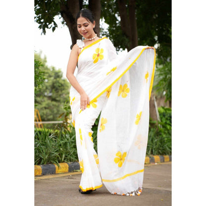 Isadora Life Womens Floral Printed White Pre-Draped Saree with Unstitched Blouse