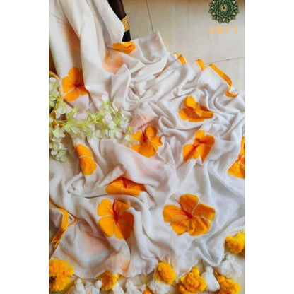 Isadora Life Womens Floral Printed White Pre-Draped Saree with Unstitched Blouse
