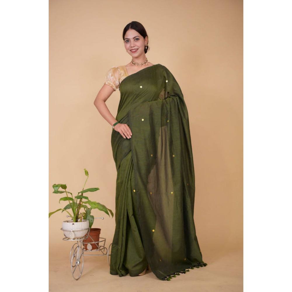 Isadora Life Womens Woven Tassels Green Pre-Draped Saree with Unstitched Blouse