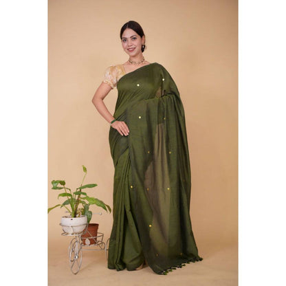Isadora Life Womens Woven Tassels Green Pre-Draped Saree with Unstitched Blouse