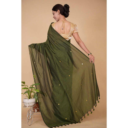Isadora Life Womens Woven Tassels Green Pre-Draped Saree with Unstitched Blouse