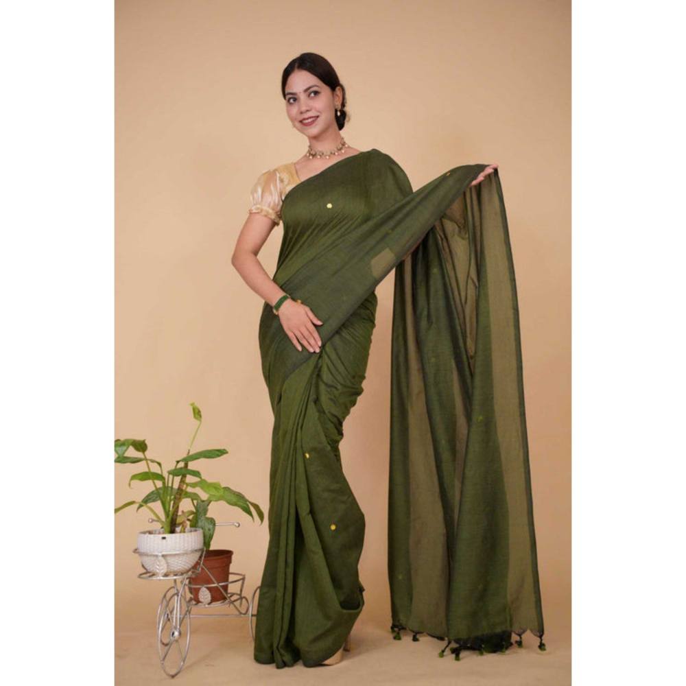 Isadora Life Womens Woven Tassels Green Pre-Draped Saree with Unstitched Blouse