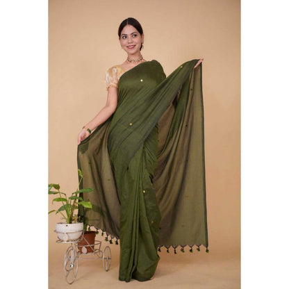 Isadora Life Womens Woven Tassels Green Pre-Draped Saree with Unstitched Blouse
