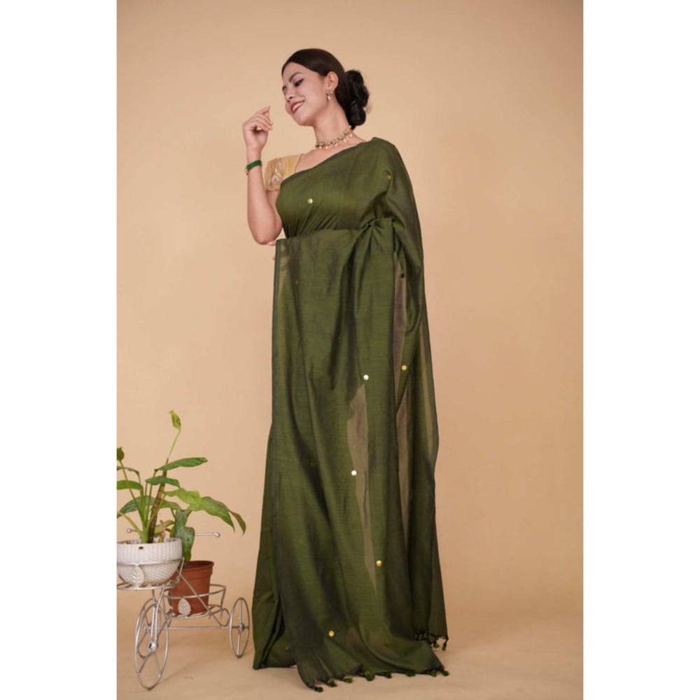 Isadora Life Womens Woven Tassels Green Pre-Draped Saree with Unstitched Blouse