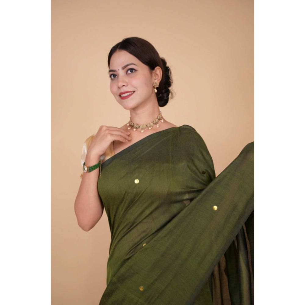 Isadora Life Womens Woven Tassels Green Pre-Draped Saree with Unstitched Blouse
