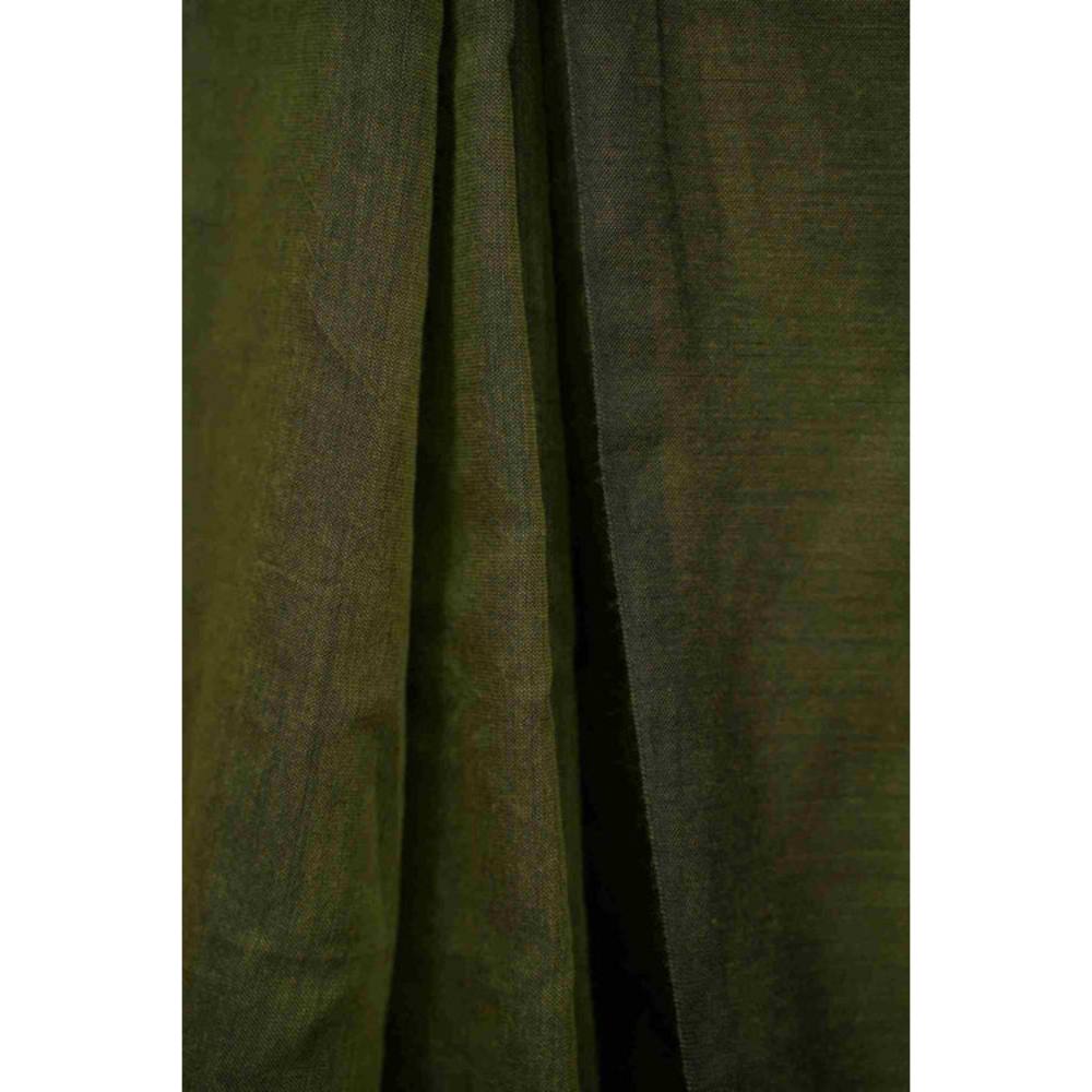 Isadora Life Womens Woven Tassels Green Pre-Draped Saree with Unstitched Blouse