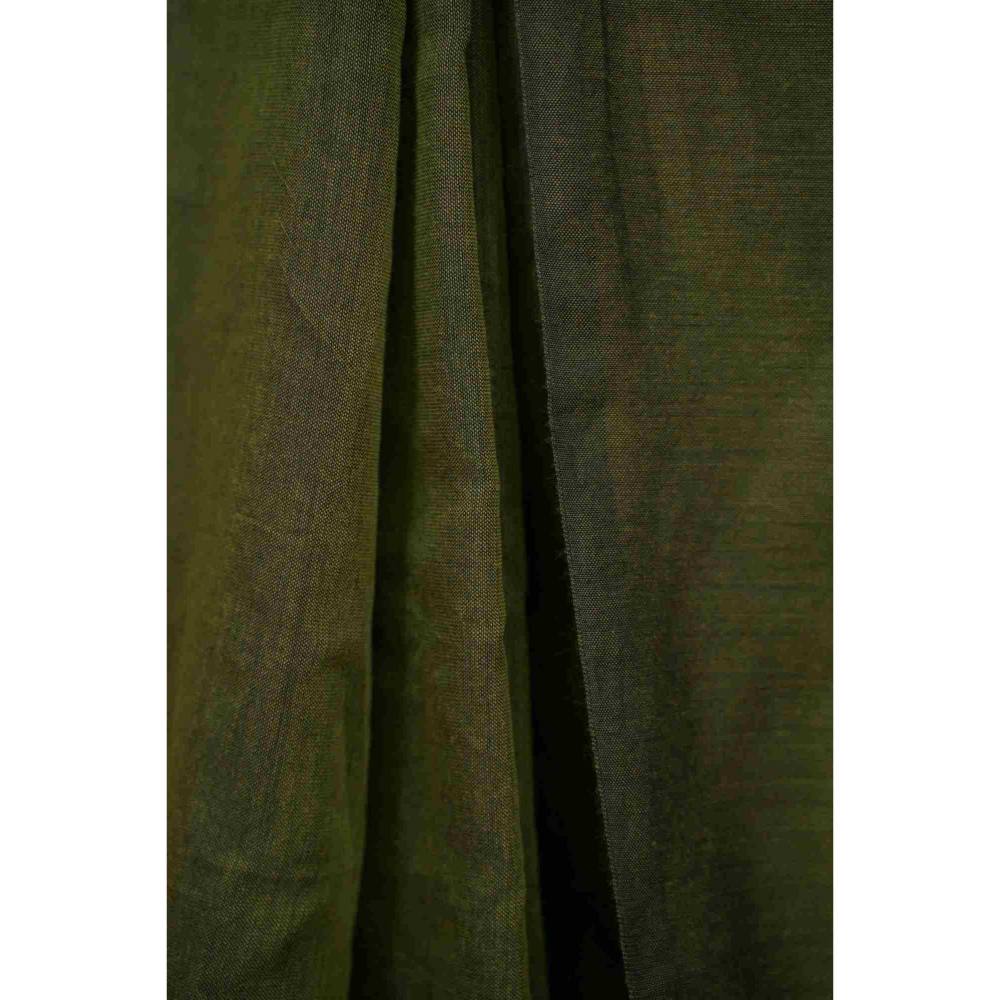 Isadora Life Womens Woven Tassels Green Pre-Draped Saree with Unstitched Blouse
