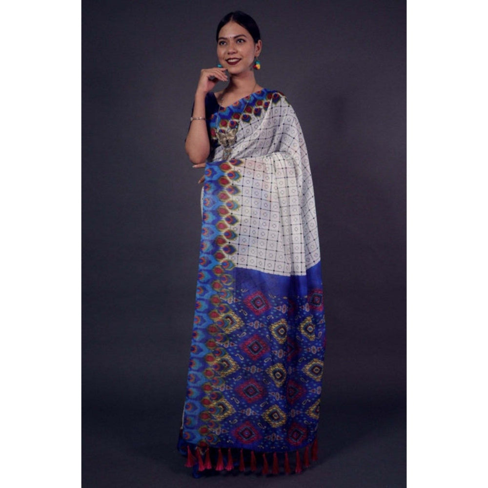 Isadora Life Womens Checks Printed White Pre-Draped Saree with Unstitched Blouse