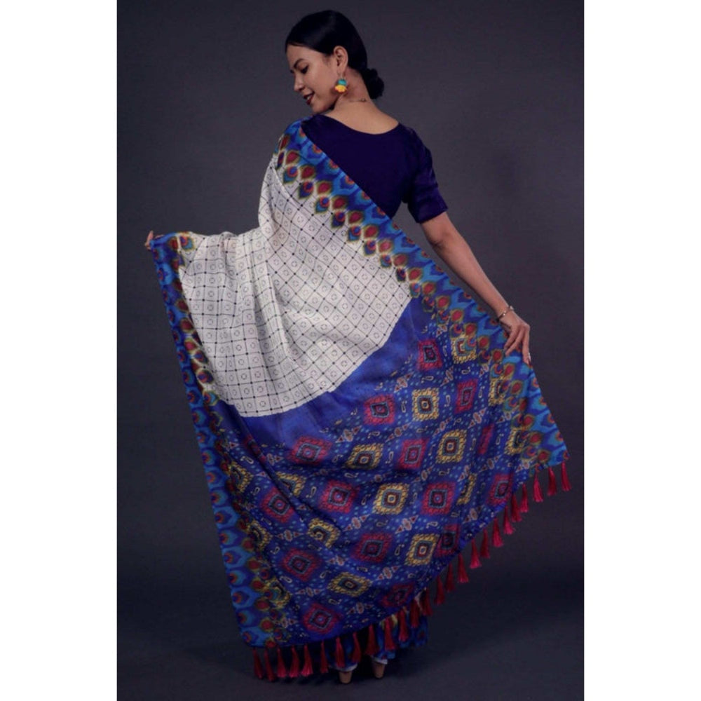 Isadora Life Womens Checks Printed White Pre-Draped Saree with Unstitched Blouse
