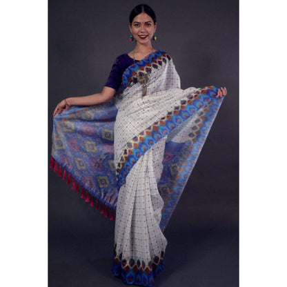 Isadora Life Womens Checks Printed White Pre-Draped Saree with Unstitched Blouse