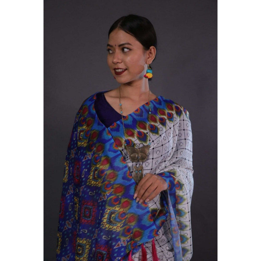 Isadora Life Womens Checks Printed White Pre-Draped Saree with Unstitched Blouse