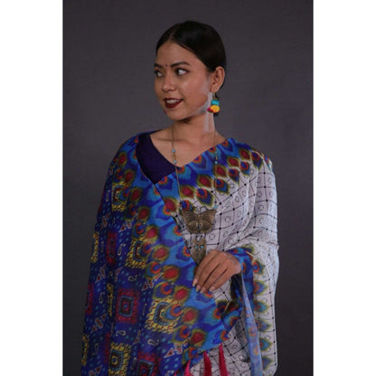 Isadora Life Womens Checks Printed White Pre-Draped Saree with Unstitched Blouse