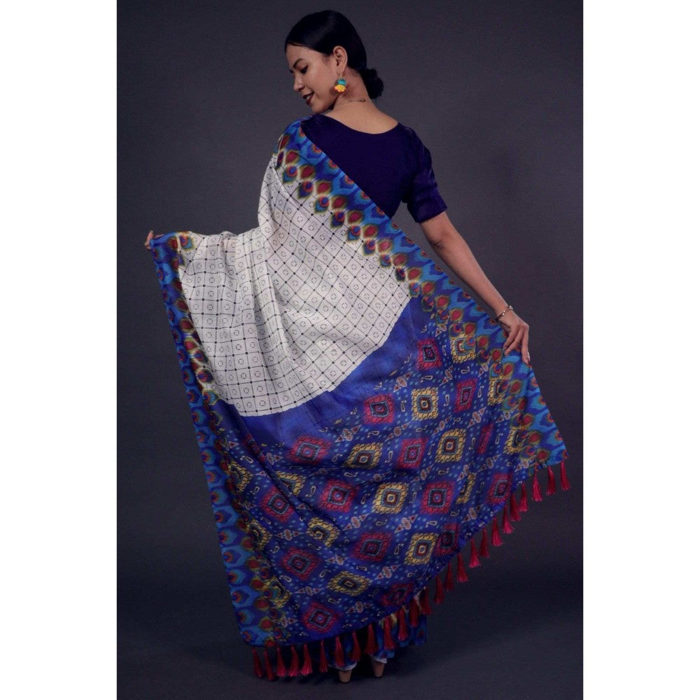 Isadora Life Womens Checks Printed White Pre-Draped Saree with Unstitched Blouse