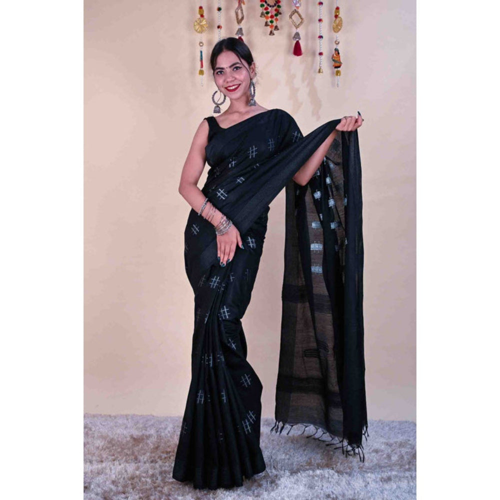 Isadora Life Womens Printed Tassels Black Pre-Draped Saree with Unstitched Blouse