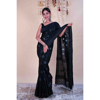 Isadora Life Womens Printed Tassels Black Pre-Draped Saree with Unstitched Blouse