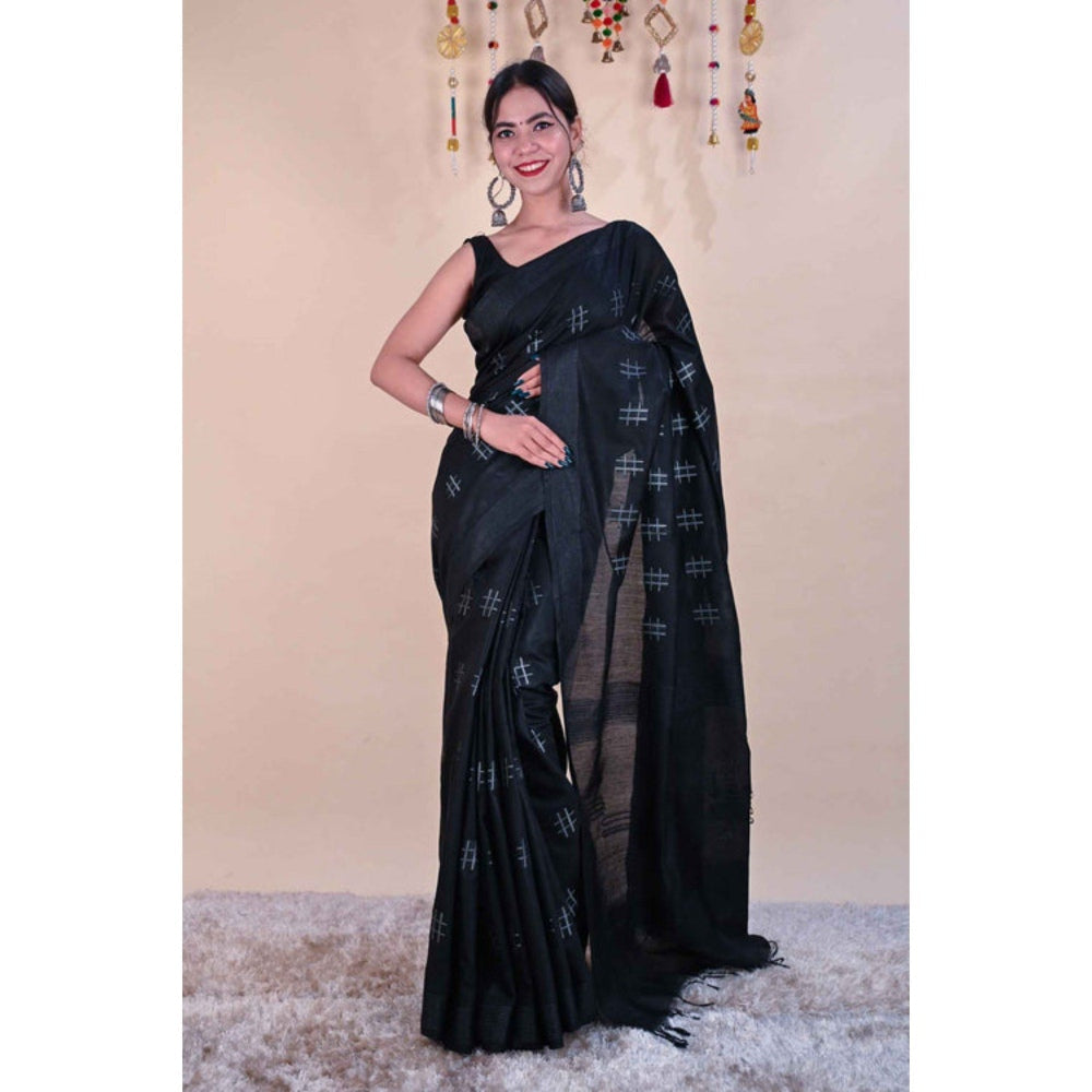Isadora Life Womens Printed Tassels Black Pre-Draped Saree with Unstitched Blouse