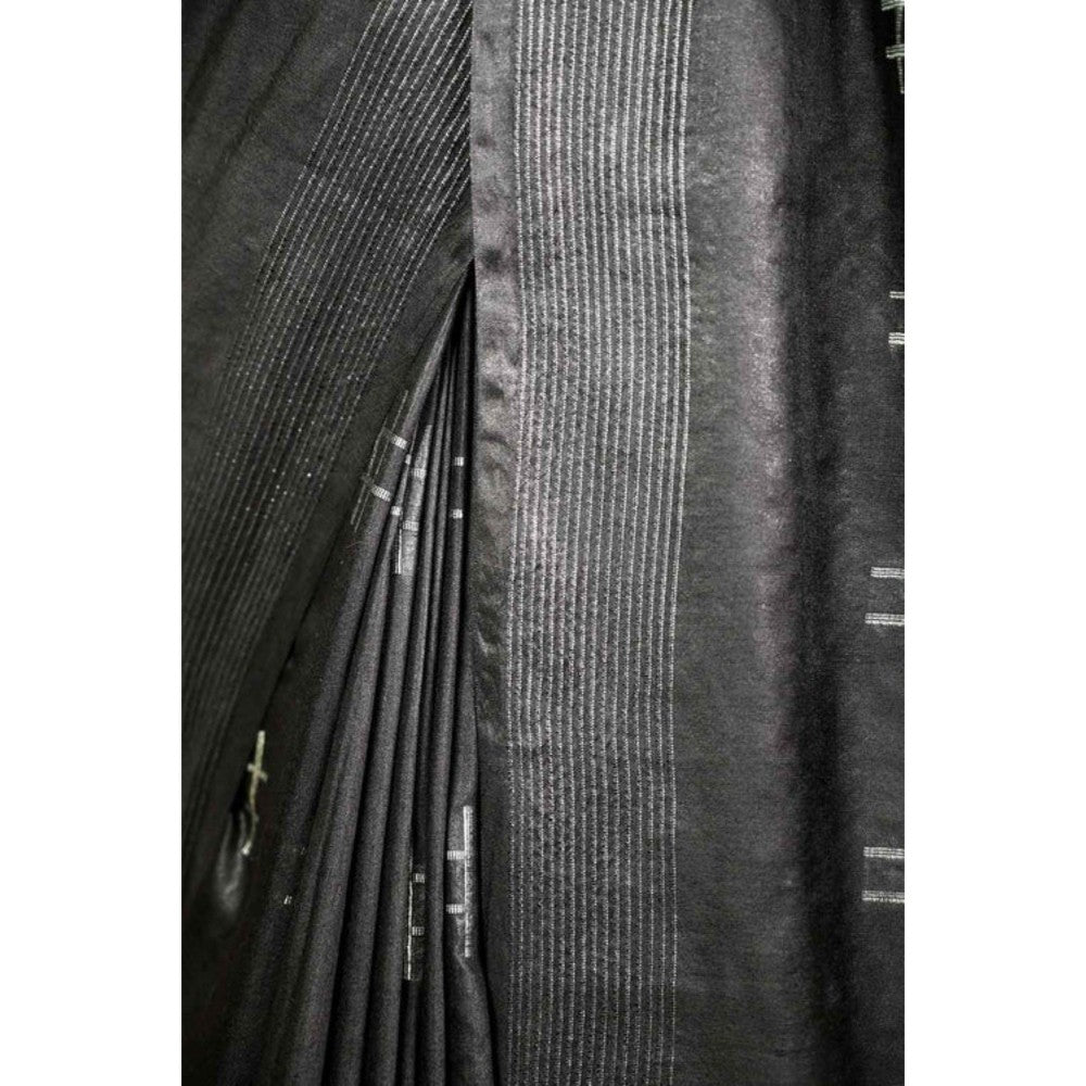 Isadora Life Womens Printed Tassels Black Pre-Draped Saree with Unstitched Blouse