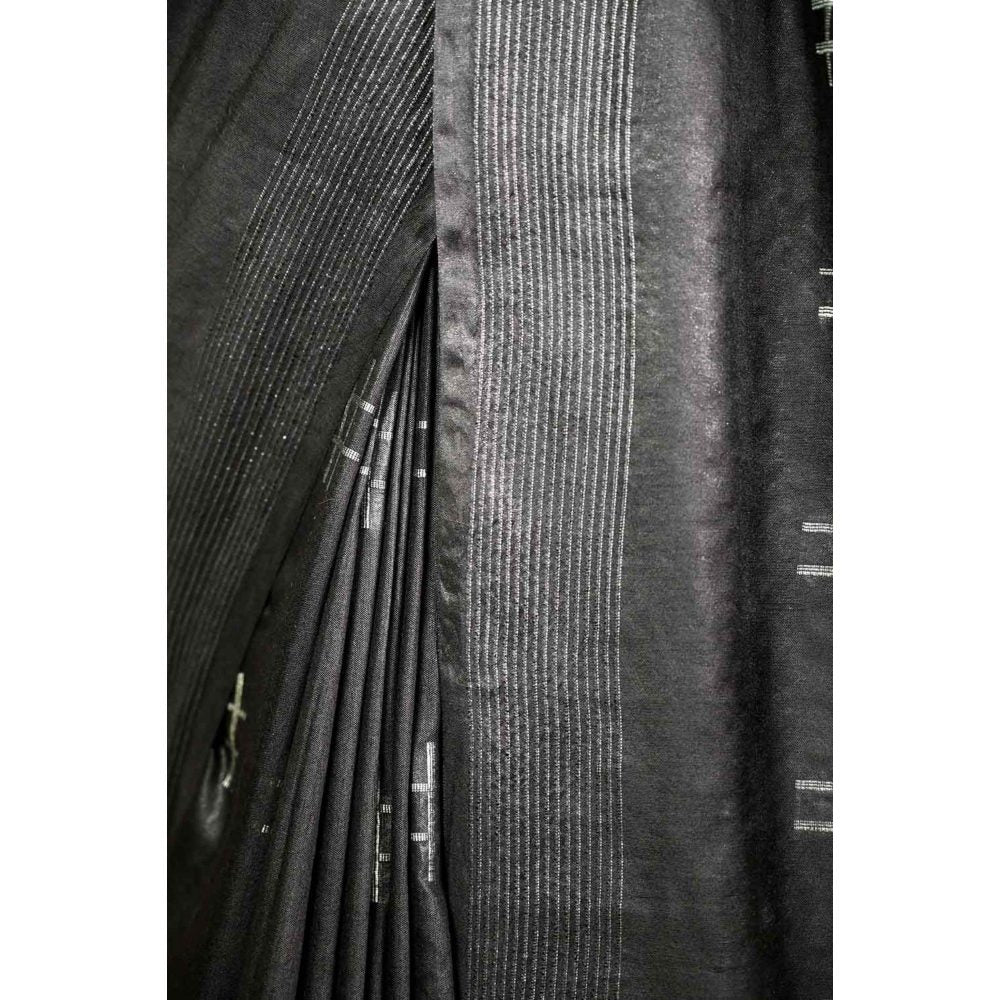 Isadora Life Womens Printed Tassels Black Pre-Draped Saree with Unstitched Blouse