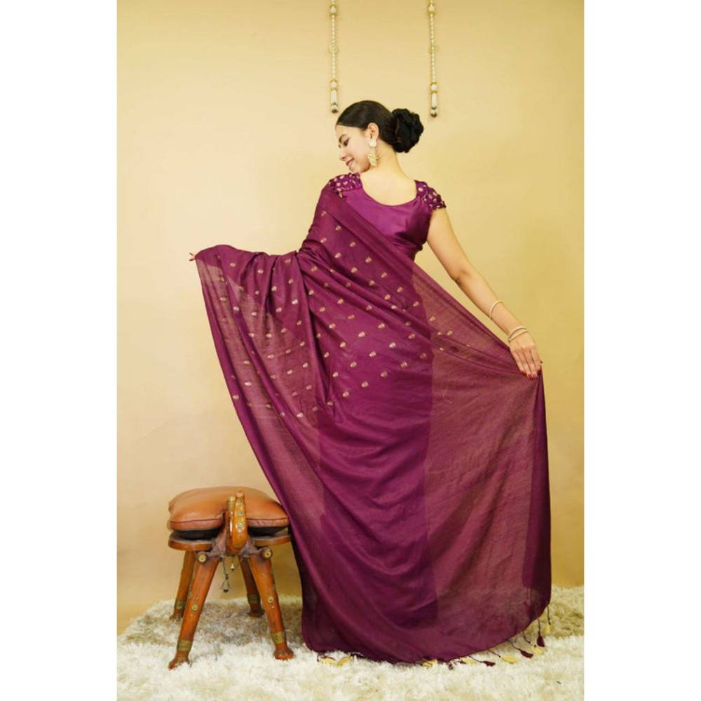 Isadora Life Womens Woven Tassels Purple Pre-Draped Saree with Unstitched Blouse