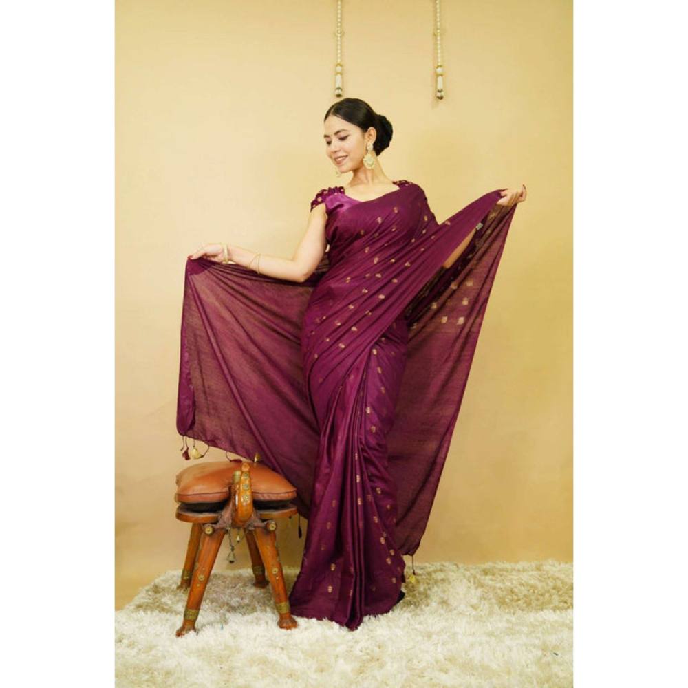 Isadora Life Womens Woven Tassels Purple Pre-Draped Saree with Unstitched Blouse